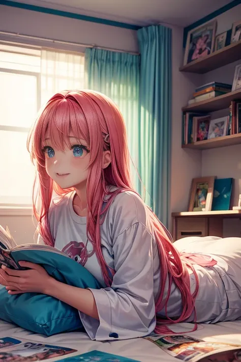 a girl in a bedroom, holding a chessboard, laying on the bed, surrounded by anime posters, manga books, and plush toys, with a cozy and colorful atmosphere, sunlight streaming through the window, casting soft and warm light on the girl, casting a soft shad...