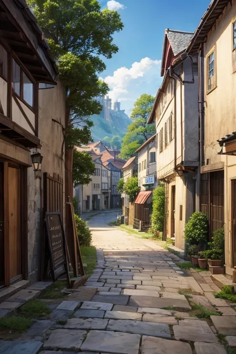 Cartoon scene of cobblestone street，Several people walked on it, ancient city streets behind her, beautiful anime scenery, anime rural scenery, anime background art, anime scenery, small town background, anime scenery概念艺术, beautiful anime scenes, Bustling ...