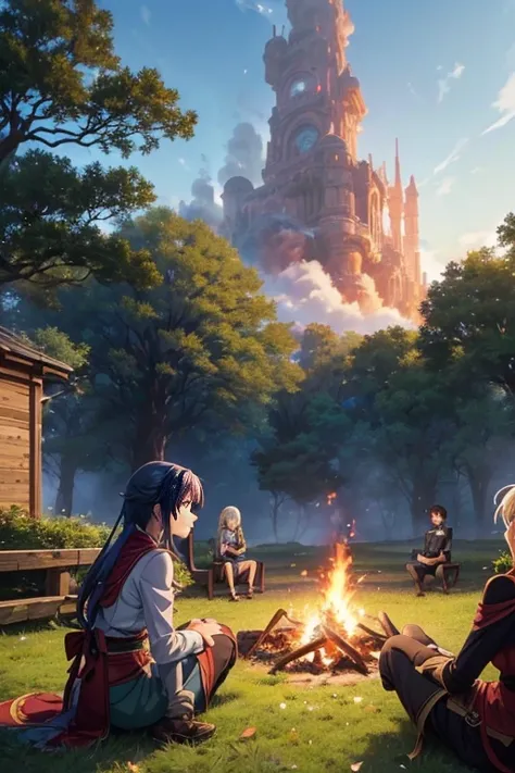 (a group of people sitting around a fire, food on top, small leaves, small leaves anime style, screenshot of an animated movie, screenshot of an anime movie, Sao-style anime, popular isekai anime, isekai, still from a TV animation, 2019 anime screenshot, a...