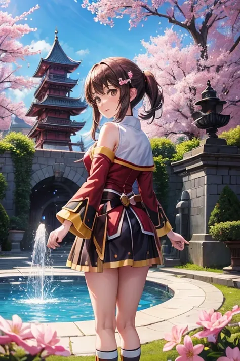 (best quality,4k,highres,masterpiece:1.2),ultra-detailed,realistic:1.37,a girl from Sword Art Online style standing in front of a fountain in a courtyard,fragrance,anime-style,sparkling fountain,beautiful cherry blossoms,soft sunlight filtering through the...