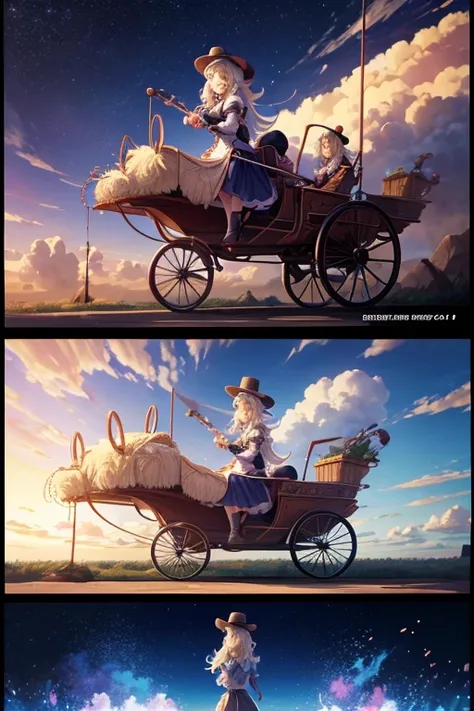 Animation scene of a man in a hat and a woman in a skirt with a carriage, Screenshots from animated movies, Riding an early anime maid, Animation movie screenshots, In animation, Screenshots from the 2012 animation, Todays featured anime stills, Still from...