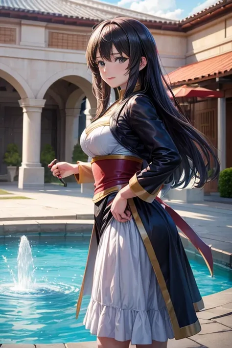 (best quality,4k,highres,masterpiece:1.2),ultra-detailed,(realistic,photo-realistic:1.37),fragrance,anime character standing in front of a fountain in a courtyard,megumin from KonoSuba,anime-style of KonoSuba,characters in mid-shot,Sword Art Online-style a...