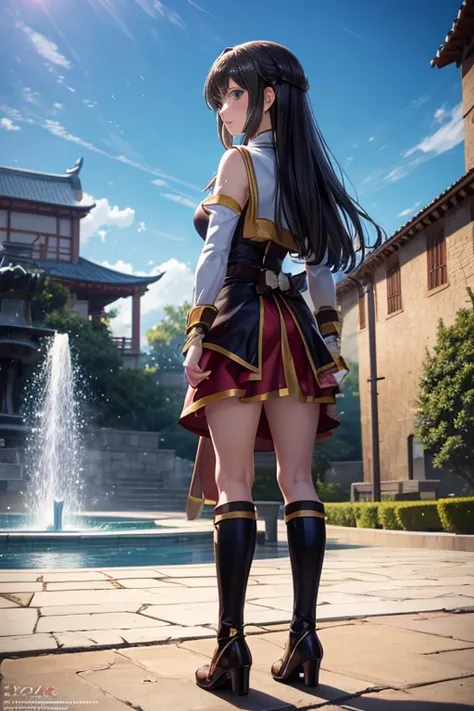 (best quality,4k,highres,masterpiece:1.2),ultra-detailed,(realistic,photo-realistic:1.37),fragrance,anime character standing in front of a fountain in a courtyard,megumin from KonoSuba,anime-style of KonoSuba,characters in mid-shot,Sword Art Online-style a...