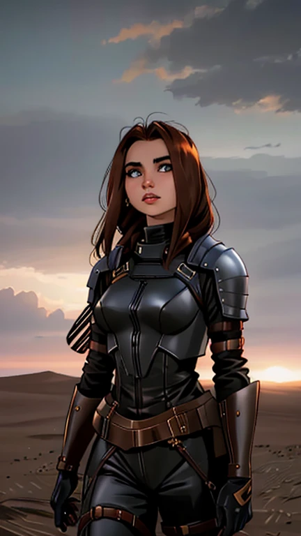 a woman in a leather outfit standing in a field, in the 2 0 2 1 movie dune, film still from dune 2020, film still from movie dune-2021, scene from dune 2 0 2 1 movie, in leather armor, in an arena in movie dune-2021, ana de armas as joan of arc