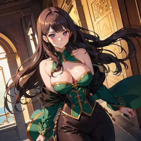 High quality masterpiece, anime-style Italian girl, solo, radiant purple eyes, light brown medium length wavy hair, wearing a green and black sleeveless blouse and jacket, controlled the wind with her powers, intricately detailed, realistic, ultra-detailed...