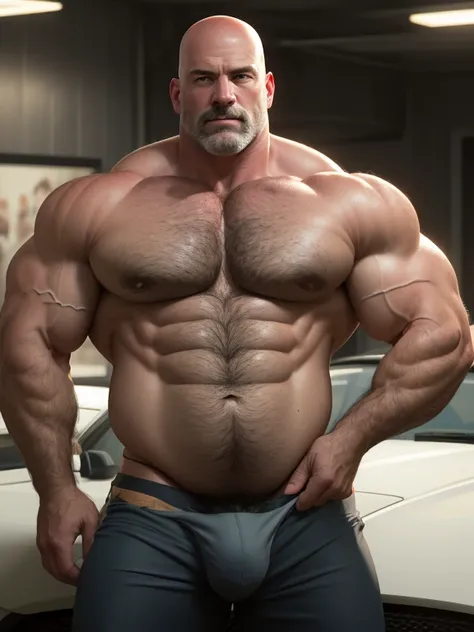 (RAW style, masterpiece, best quality, ultra-detailed), A captivating mid-age heavy trucker-driver portrait, bald, Strong and muscular with a hairy, big belly bodybuilder physique, showing a very hairy groin area, Realistic and Dynamic Lights illuminating ...