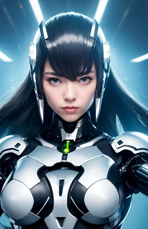 ((highest quality)), ((masterpiece)), (cinematic aesthetic:1.4) big breasts熟女ロボット、The robot woman is a Japanese woman in her 40s.、silver metallic robot body、glamorous robot body、metal big chest、big breasts、Metal nipples、metal areola、black hair、antenna shap...