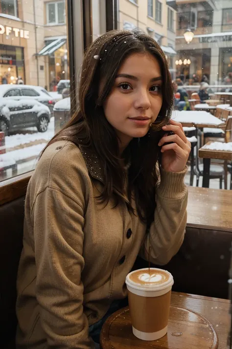 girl in warm clothes sitting in a cafe. Drinking coffee. Its snowing outside.