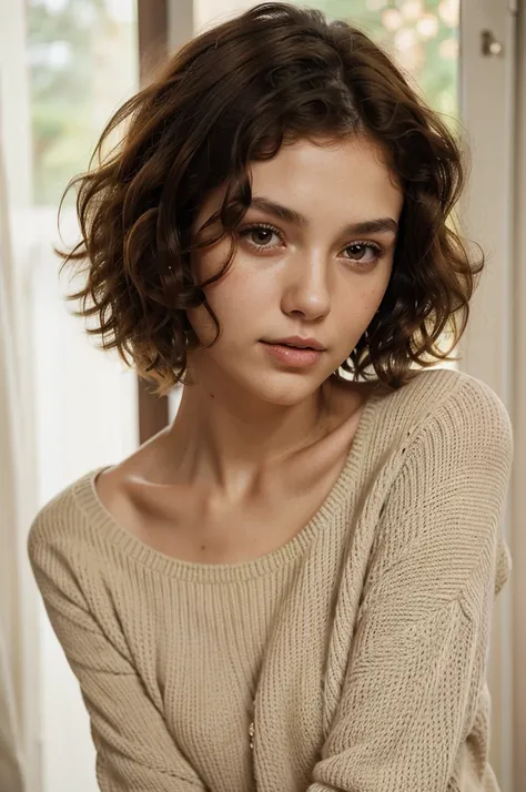 (Realistic:1.2), analog photo, woman with ,21 year old gril ,wearing red sweater , soft natural light, Cute and sexy, brown hair) (short curly hair, wild hair, stylish cut) thin face, thin nose, beautiful, very beautiful, perfect face, slender body (slende...