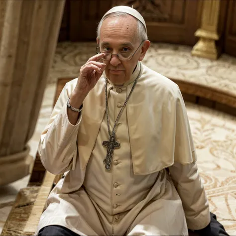 detailed popefra pope francis sitting and waving, glasses on. photorealistic, view from afar, wide shot from above, wide-angle