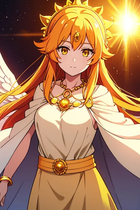 Sun angel woman, yellow eyes, Short yellow and orange hair, soft smile, Long golden crown on head, Big golden sun shape  necklace around neck, Long white cape on back.