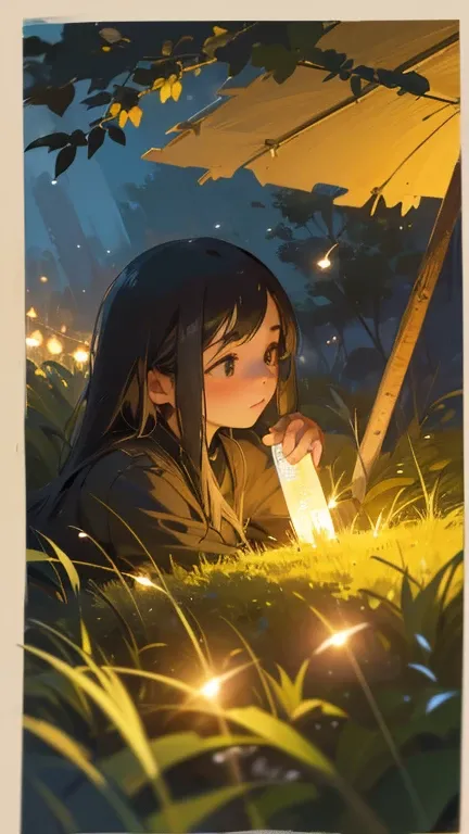 (8k, top quality, masterpiece: 1.2), (realistic, photorealistic: 1.37), super detail, one girl, wide angle of view, firefly garden, lots of small faint light and fireflies flying around, night