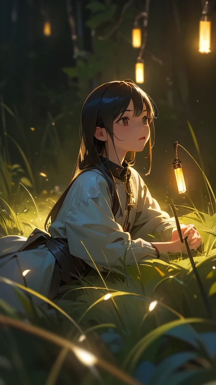 (8k, top quality, masterpiece: 1.2), (realistic, photorealistic: 1.37), super detail, one girl, wide angle of view, firefly garden, lots of small faint light and fireflies flying around, night