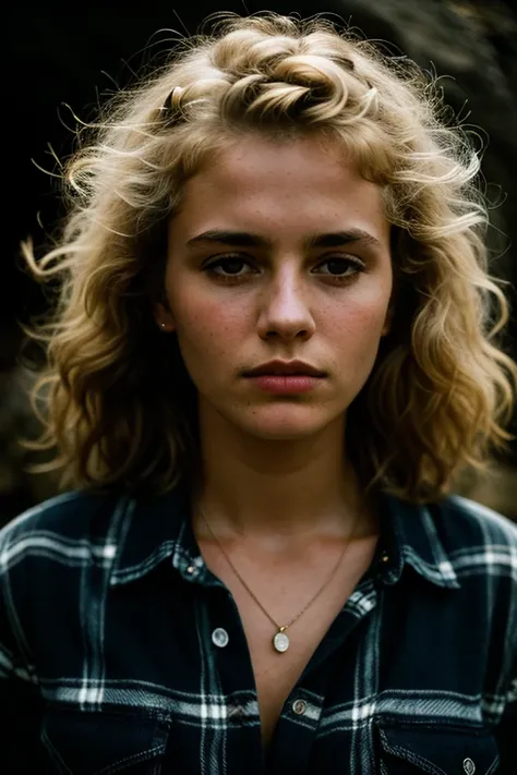 photograph of a woman, (troubled facial expression), textured skin, goosebumps, blonde afro hair, plaid flannel shirt with distressed boyfriend jeans, cowboy shot, dark and mysterious cave with unique rock formations and hidden wonders, perfect eyes, (cand...