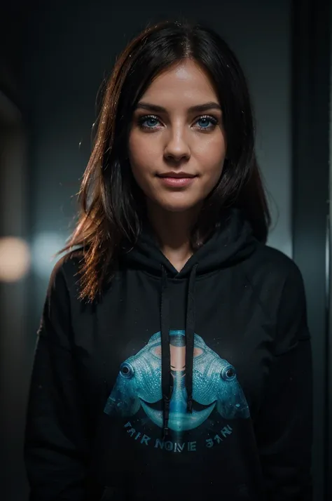 portrait of ((ohwx woman)) wearing black hoodie, blue eyes and smiling face, kiss mimic. high detail painting 8k resolution hd digital art trending on Artstation and behance detailed photo 85 acadmm f/1 1 4 rendered in octane engine unreal 5 with ambient l...