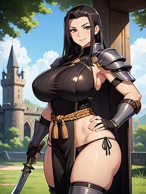 sexy woman, mature, big , curvy, voluptuous, black hair, brown eyes, slick back, side bangs, hunter armor, loincloth, smile, standing, castle, outdoors, solo focus, greatsword