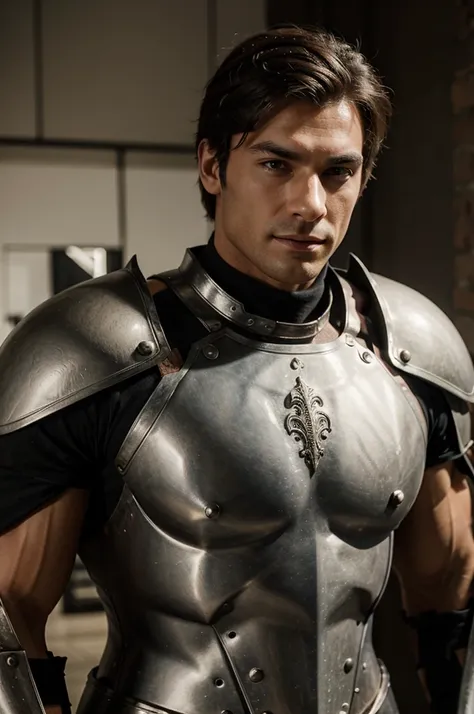 Muscular man with prominent chest in armor