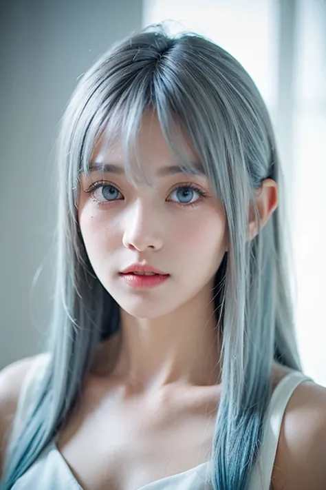 A cute girl, naive look who has between, a body developed, long light blue pastel hair with gradient white tips and 2 white strands and large light blue eyes