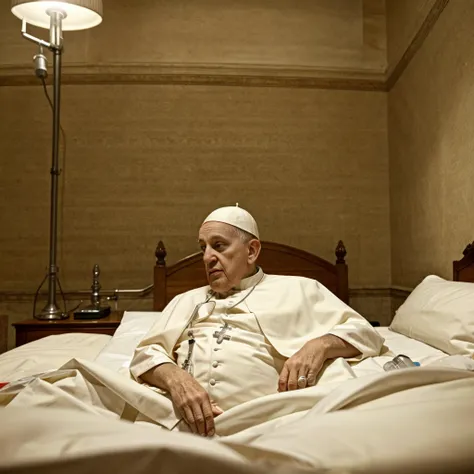 very old and wise PopeFra Pope Francis laying on a bed in an hospital room with drip inserted into arm. (old Pope), (busy and worried doctors in blur background). Photorealistic and detailed shot, wide-angle.