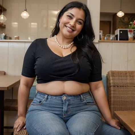 Chubby fat thic bbw indian mature (70 years old) woman, long black hair,chubby belly, wearing blues jeans and red blouse v-neck, Pearl necklace, sitting in the coffee shop, with Blonde mature woman, laughing, smiley expression, 