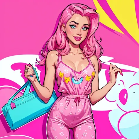 . girl dressing sexy pijamas, with candy and sweets. Candy colors, neon colors, pink. Naughty smile. Calcinha pink. Lilly Reinhardt, Sabrina Carpenter. Amber Heard. Ilustration, cartoon, cute girl. Lineart 