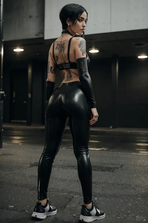 full body back shot of slim short haired goth girl with tattoos and piercings wearing wetlook leggings with large nike logo and font