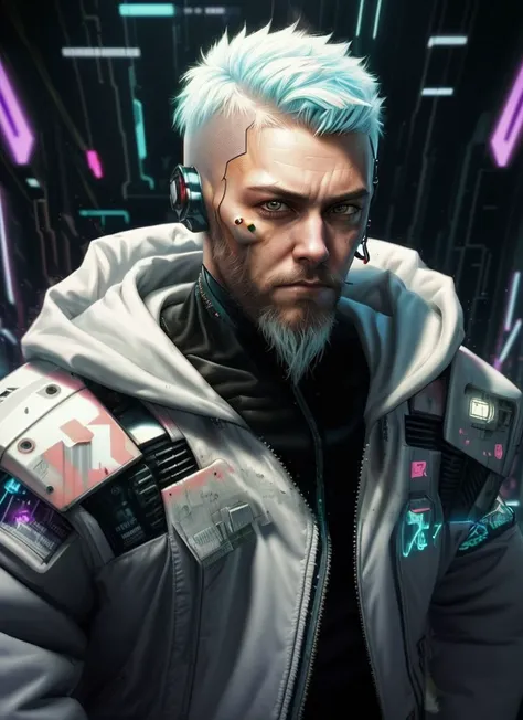 a man with blue hair and a white jacket stands on a neon background, cyberpunk portrait, cyberpunk portrait, cyberpunk dude, hyp...