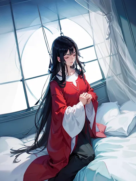 ((aesthetic)) man with (wery long black hair) dressed in red pajama. hugs a pillow. sleep. closed eyes. night. blue shades. blue light. white pillow. Night room. Bed. view from above. Big window. Outside the window there is a city in the distance. Scattere...