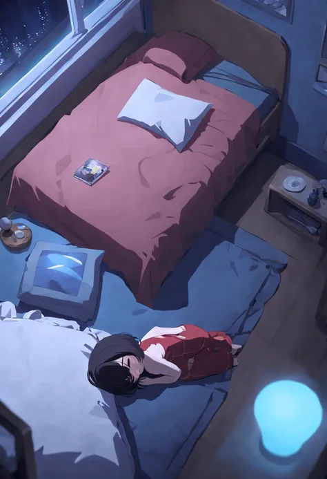 ((aesthetic)) man with (wery long black hair) dressed in red pajama. hugs a pillow. sleep. closed eyes. night. blue shades. blue light. white pillow. Night room. Bed. view from above. Big window. Outside the window there is a city in the distance. Scattere...