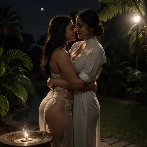 Anushka Shetty, curvy, British, 20s, catholic nun, smile, standing behind a tree, aerial view, dark night, only moon light, cleavage and navel, pouring water on her body over the head, dressed in transparent  cotton, hugging and kissing her friend Emma Wat...