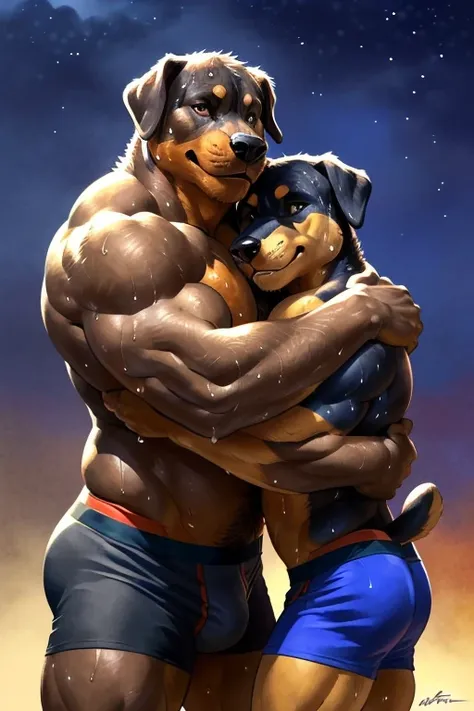 (duo, size difference, father and son:1.9) muscular anthro rottweiler, (presenting embrace for the viewer:1.9). 4k, high resolution, best quality, posted on e621, solo, anthro body, anthro rottweiler, black and tan body,older male, male, , masculine, (very...