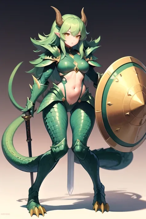 masterpiece, best quality, 1girl, detailed face, full body, lizardman girl, green scales on the body, green hair, long hair, yellow eyes, big , sexy armor , holding sword and shield, green tail, green horns