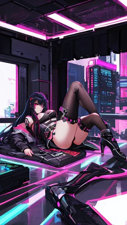 there is a woman that is laying down on a bed, she is facing the ceiling, she is wearing a miniskirt, Guviz-style artwork, style of anime4 K, Ross Tran 8 K, Digital cyberpunk anime art, Guweiz in Pixiv ArtStation, Guweiz on ArtStation Pixiv, e - girl, E-Gi...