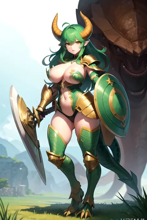 masterpiece, best quality, 1girl, detailed face, full body, lizardman girl,  green hair, long hair, yellow eyes, big tits, (Armor: 1) , holding sword and shield, green tail, green horns, (big hair in the wind)