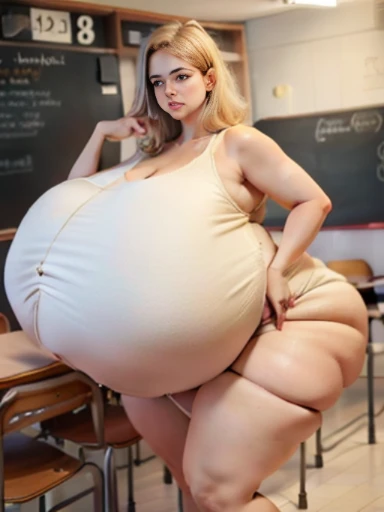 Pregnant woman with large breast, thicc,  ultra realistic picture, soft curvy shape,  sfw huge breasts, hyperrealistic , , oppai proportions, naked, in classroom 