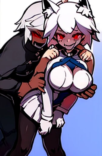 1girl with white hair and red eyes, wolf ears, black Pantyhose, uniform, evil smile, large breast, sex