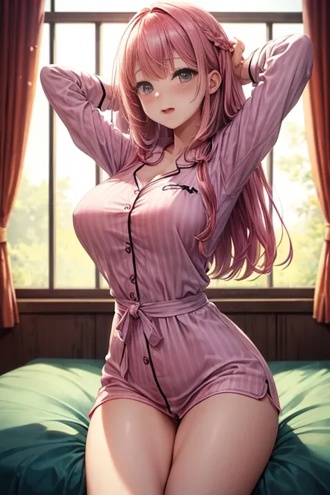 8k、highest quality、masterpiece、ultra high resolution、Yawn、By the window、adult woman、pink hair、In pajamas、big breasts、thin thighs、thin waist、hands behind head、lie down、raise your legs、valley、blush、cowboy shot、on the bed、Asahi、Yawnをする