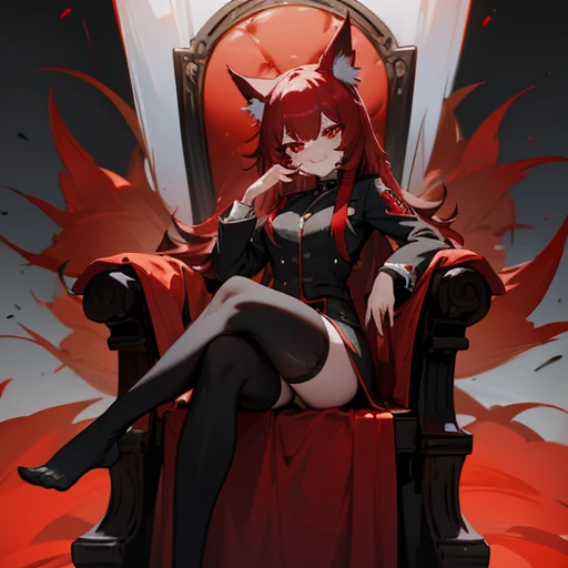 Black and red hair, red eyes, evil smile, wolf ears, nine tails, stockings, uniform, sexy, no shoes, sitting on throne