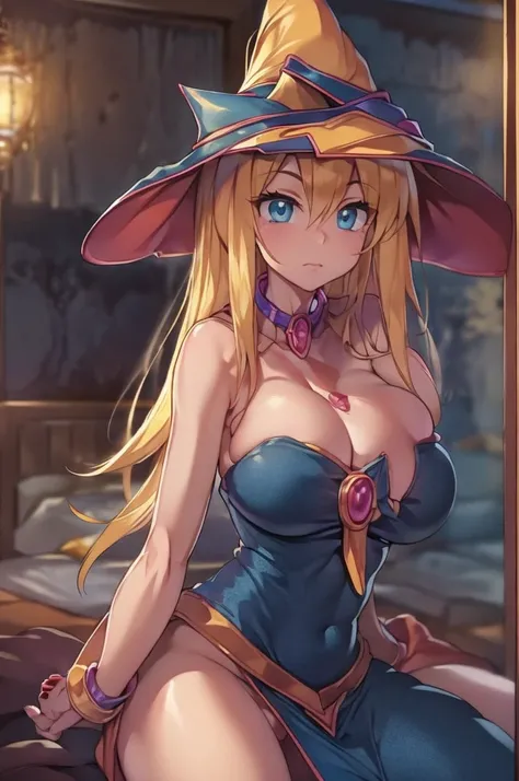 make dark magician girl, hentai pose, long blonde hair, big natural breasts, arena, yugioh, milf, lust desire face, detailed face, detailed breasts, best quality, night, in a boy room