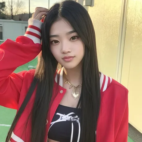 Araffe Asian woman with long hair wearing a red jacket and black shorts, jaeyeon nam, portrait of jossi de blackpink, jennie rosa negro, parque roseanne de blackpink, korean idol, ulzzang, jossi de blackpink, muchacha coreana, kim doyoung, heonhwa choe, le...