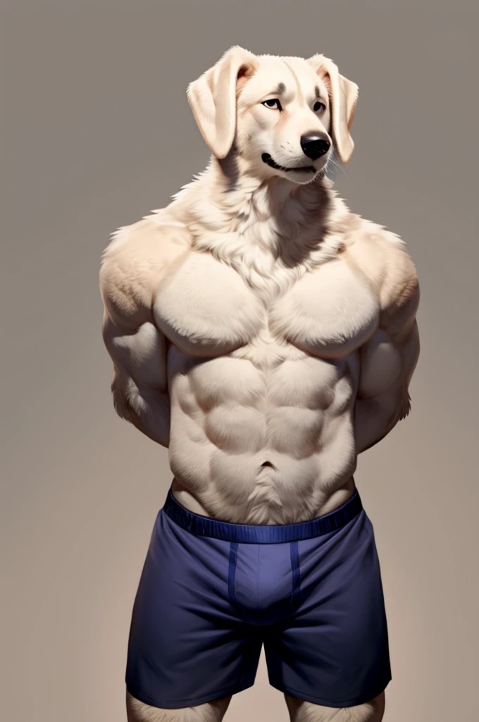 (solo,furry,anthro),male,standing,front view, muscular body, simple image background, Labrador,wearing boxer shorts, hands behind back, by bebebebebe:1.2,by buta99,by foxovh,by ruan jia
