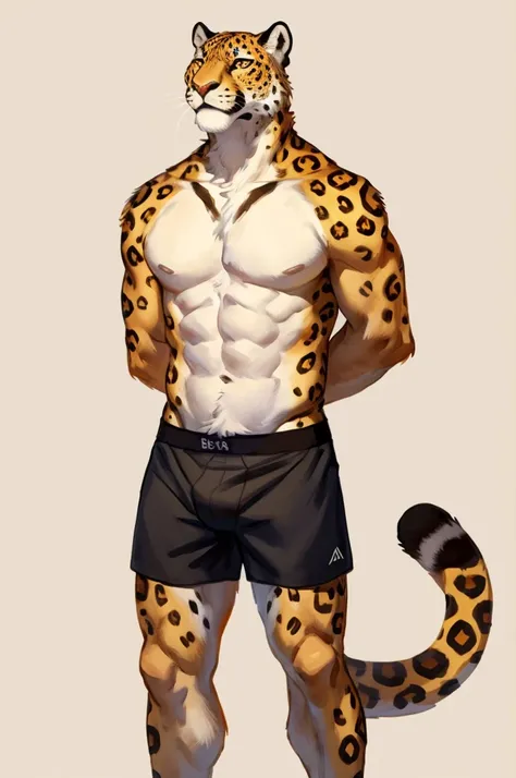 (solo,furry,anthro),male,standing,front view, muscular body, simple image background, Jaguar,wearing boxer shorts, hands behind back, by bebebebebe:1.2,by buta99,by foxovh,by ruan jia
