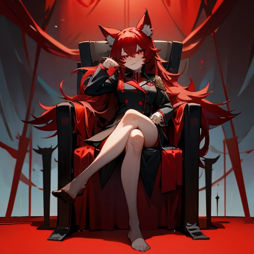 Black and red hair, red eyes, evil smile, wolf ears, nine tails, stockings, uniform, sexy, no shoes, sitting on throne, yandere, legs crossed, 