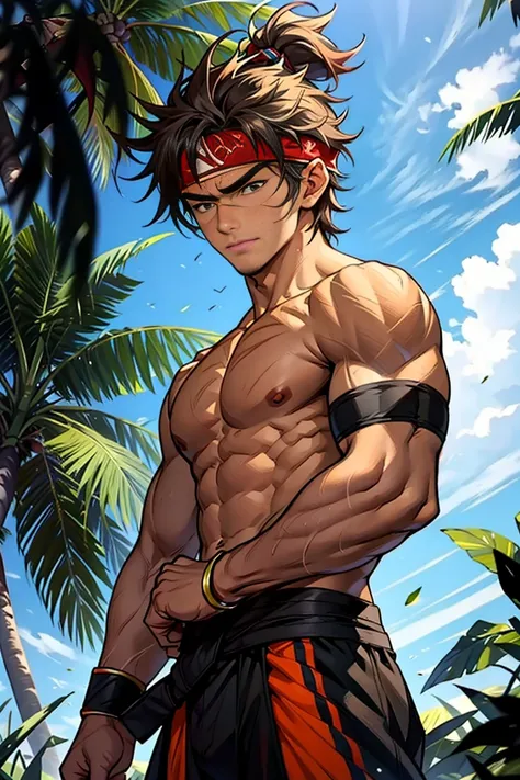 (Masterpiece, Best quality 17 year old boy，Shota), solo, Young, boy, Dark Short hair, full bodyesbian, Shirtless, babyface, topless, green headband, Vivid colors,(Depth of field:1.2),(Abs), view the viewer, black wristband, closed mouth, serious, topless m...