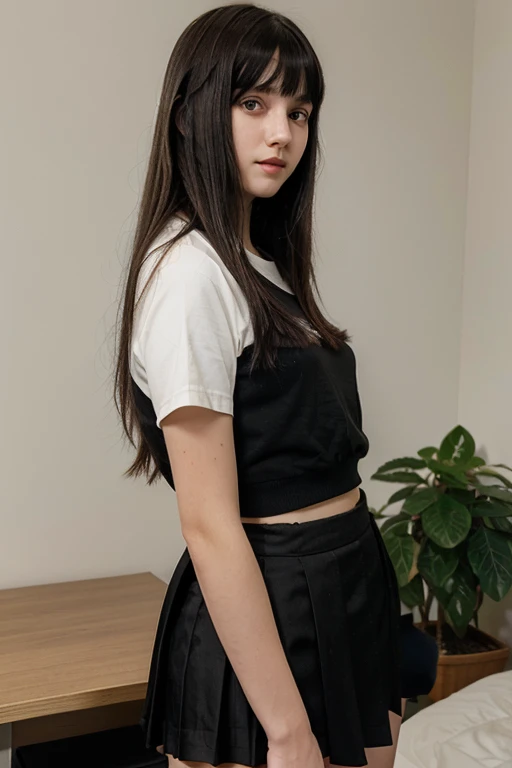 15 year old girl pale skin medium straight hair with black bangs and wearing a school skirt at home