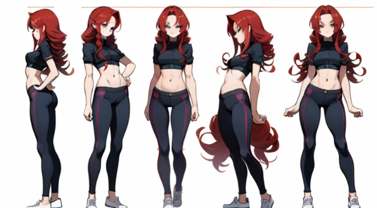 21 year old, redhead girl, waistline lenght hair (((slanted eyes))) ((( awkward shy posture))) yoga pants (asymmetric crop top) ((waist long curly hairstyle)) detailed character sheet, frontal view, side view, three quarter view, 6 and a half heads full bo...