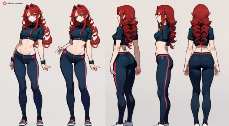 21 year old, redhead girl, waistline lenght hair (((slanted eyes))) ((( awkward shy posture))) yoga pants (asymmetric crop top) ((waist long curly hairstyle)) detailed character sheet, frontal view, side view, three quarter view, 6 and a half heads full bo...