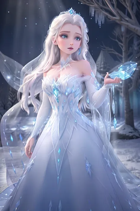 blue gown, ice palace, elegant pose, magical snowflakes, icy powers, winter wonderland, sparkling tiara, frozen beauty, shimmeri...