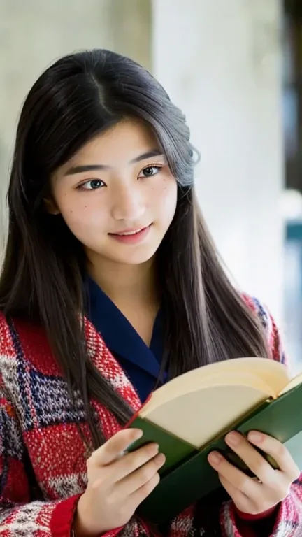 A girl with long hair with an open book in her hands talking and another girl listening