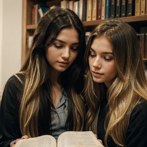 Woman with long blonde hair talking with a book but hands and another girl with long black hair listening